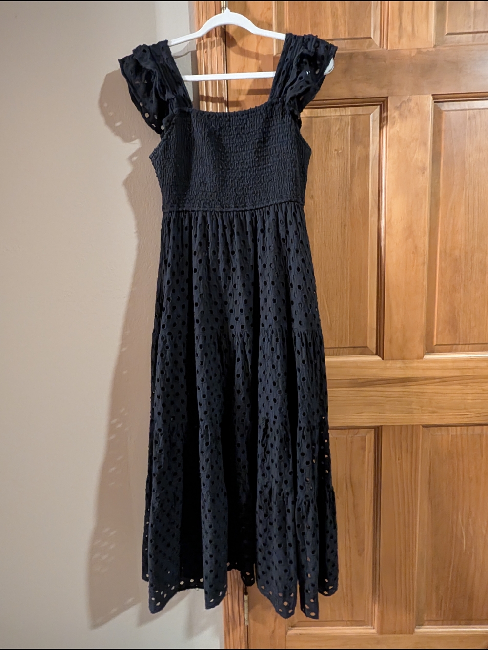Black Eyelet Midi Dress with Smocked Bodice Cotton